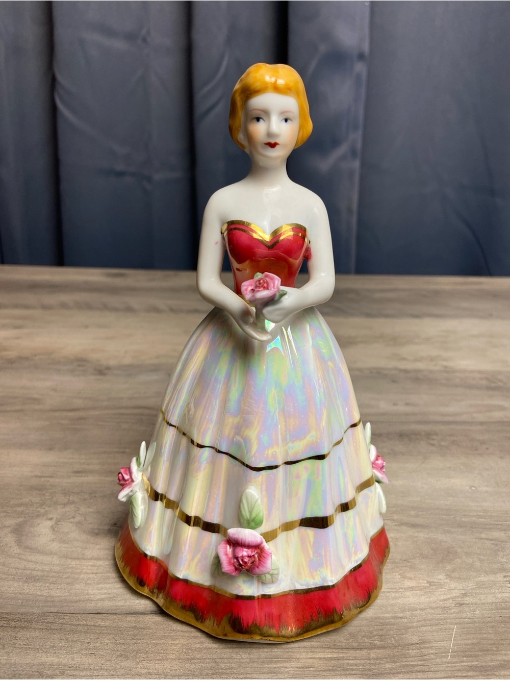 Vintage Porcelain Lady Figurine Opalescent Red, White Dress Roses